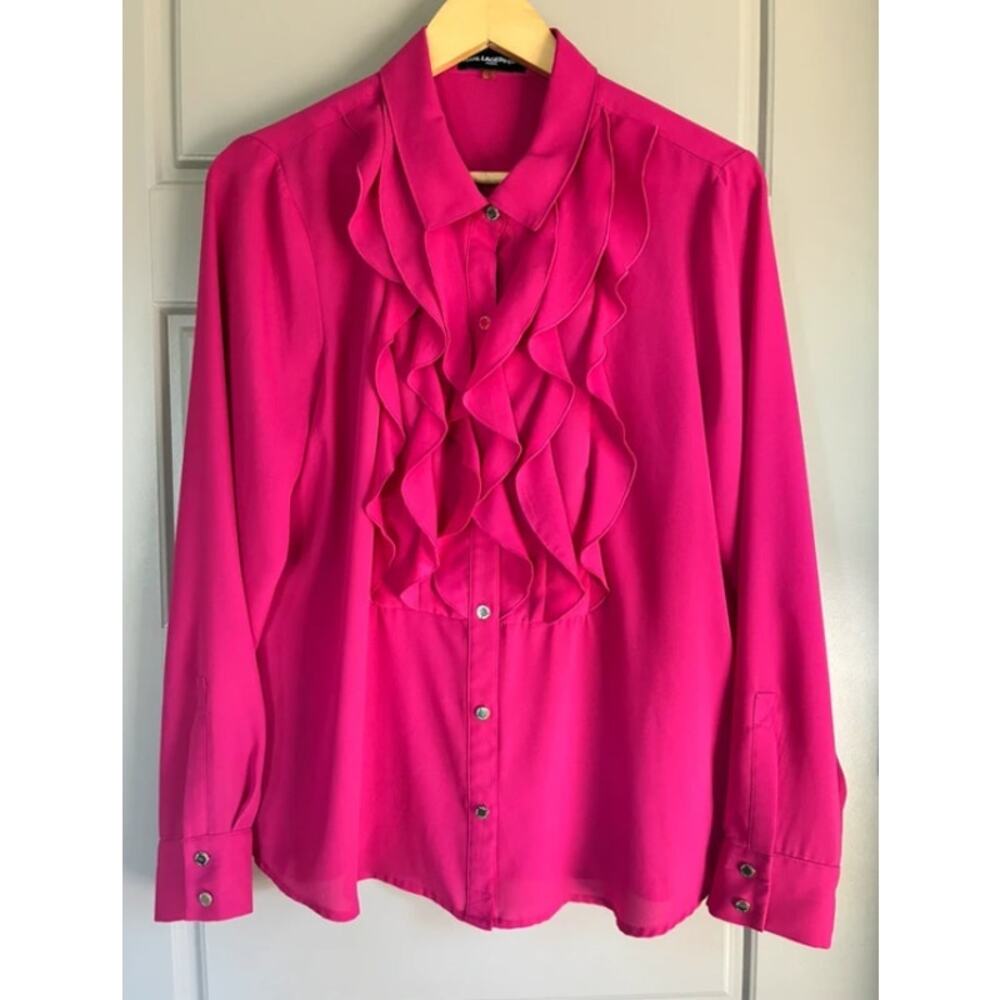 Karl Lagerfeld bright fuchsia pink ruffle long sleeve button down blouse top